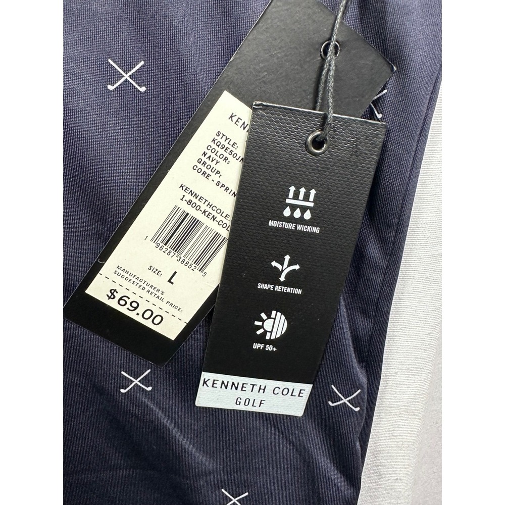 Kenneth Cole Golf Men navy Performanc Polo Shirt Size Large All Over Cross Print
